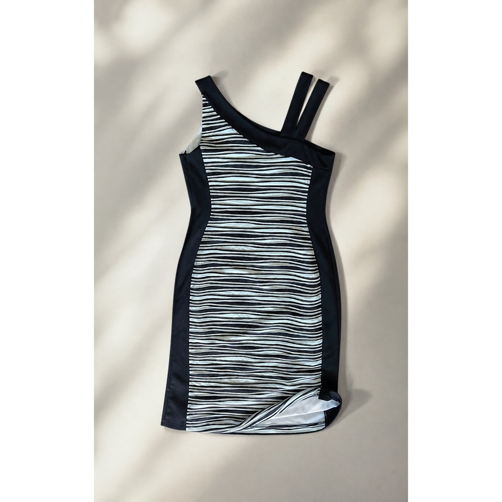 Joseph Ribkoff Black White Abstract Stripe Sheath Dress Asymmetric Neck Size‎ 12